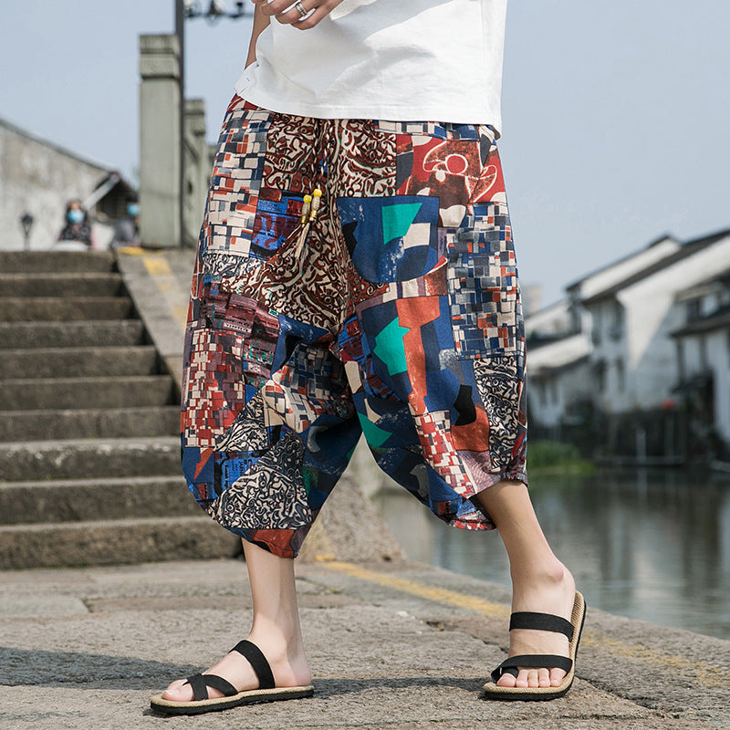 Summer Ethnic Style Men's Cotton And Linen Loose Shorts