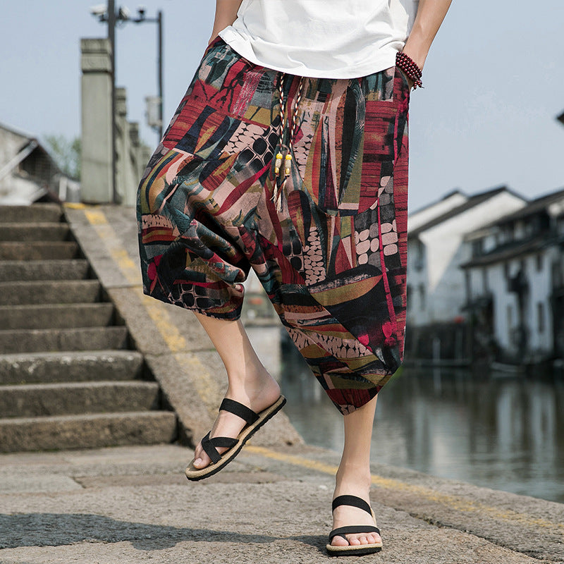 Summer Ethnic Style Men's Cotton And Linen Loose Shorts