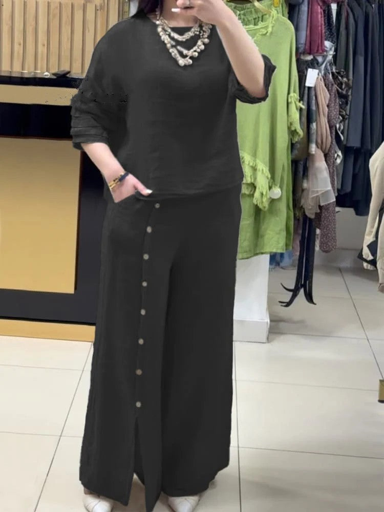Women's Fashion Casual Loose Solid Color Cotton Linen Short Sleeve Shirt Two-piece Pants Long