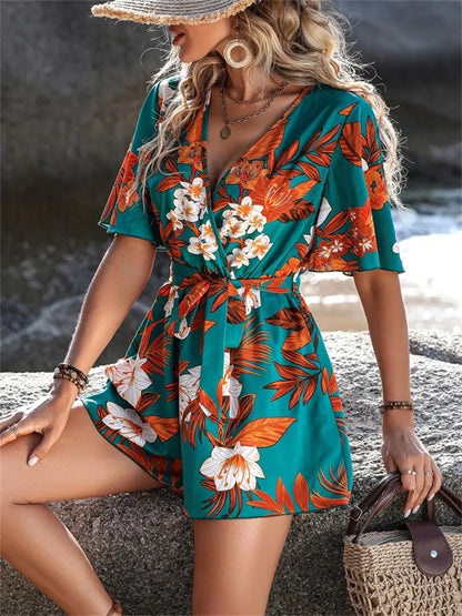 Beach Vacation Ruffle Sleeve Short Culottes Printed Jumpsuit