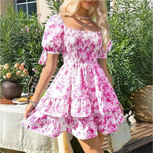 Short Sleeve Waist-controlled Ruffled Sleeve Pleated A- Line Jumpsuit