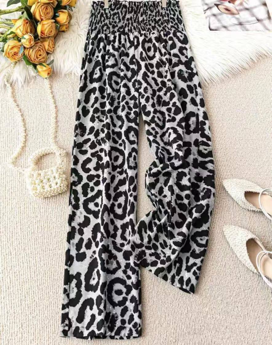 Leopard Print Floral Print Casual Jumpsuit Elastic Waist Loose Wide Leg Pants