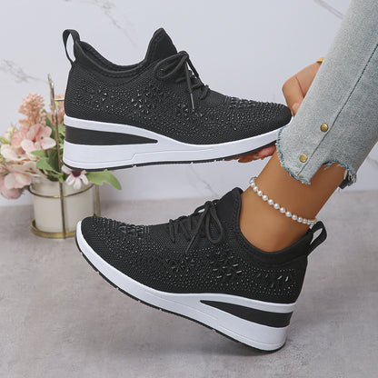 Ins Rhinestone Sneakers Fashion Lace Up Wedges Casual Shoes Women's Daily Commuting Sports Shoes