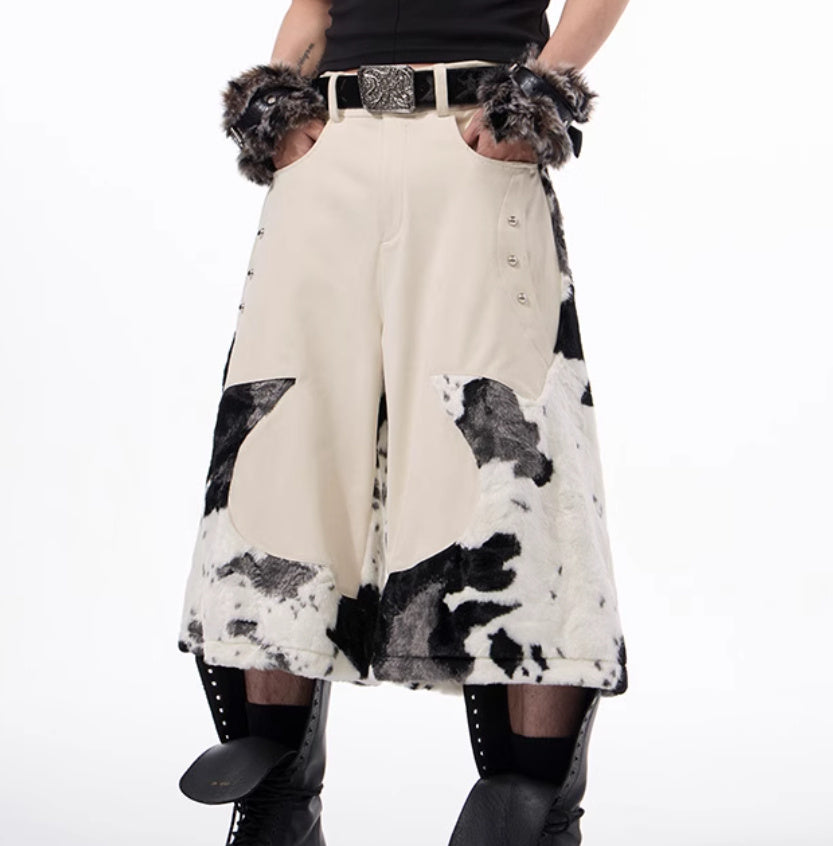 Stitching Milk Fiber Fur Cropped Pants