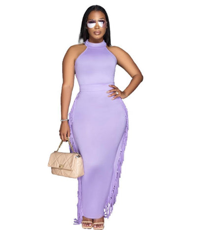 Halter Solid Color Tassel Dress Two-piece Set
