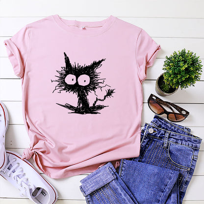 Spot Amazon Ebay European And American Fashion Cross-border Hot Sale Cat Printing Casual Cotton Short Sleeve T-shirt Women's Clothing