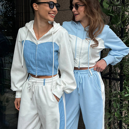 Casual Contrast Color Long Sleeve Color Matching Cardigan Cap Sweatpants Two-piece Set