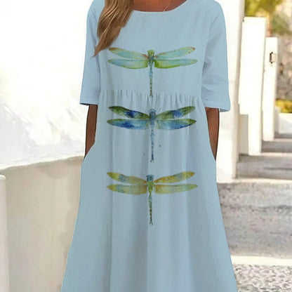 Summer New Mid-waist Women's Round Neck 3D Printing Dress