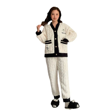 Simple Chanel Style Ladies' Homewear Thickened Coral Velvet Pajamas Suit