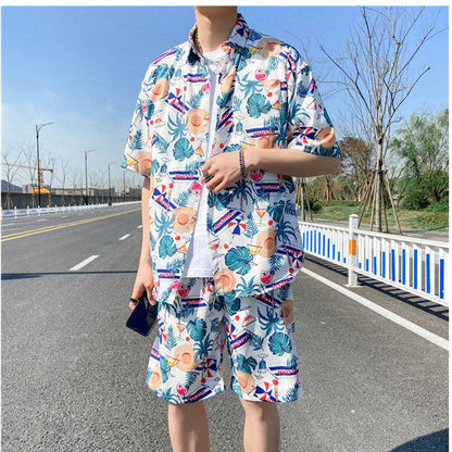 Fashion Ice Silk Short Sleeve Flower Shirt Suit For Men