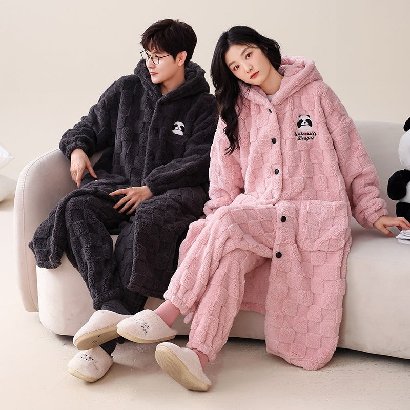 Women's Nightgown Autumn And Winter Long Flannel Thickened Couple Plus Size Loose Bathrobe Coral Fleece