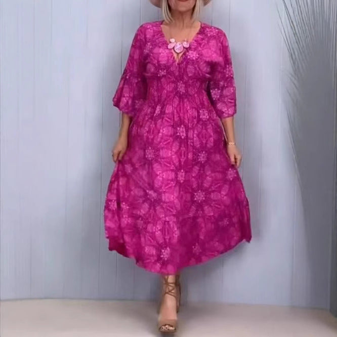European American Fashion Floral Print V-neck Elegant Dress