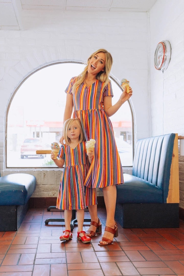 Rainbow Stripes Printed V-neck Parent-child Dress Mother-daughter Matching Outfit Children's Clothing