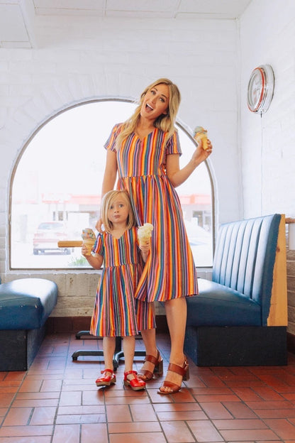 Rainbow Stripes Printed V-neck Parent-child Dress Mother-daughter Matching Outfit Children's Clothing