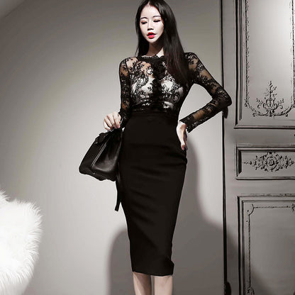 Celebrity Temperament Perspective Lace Stitching Fake Two-piece Slim Skirt