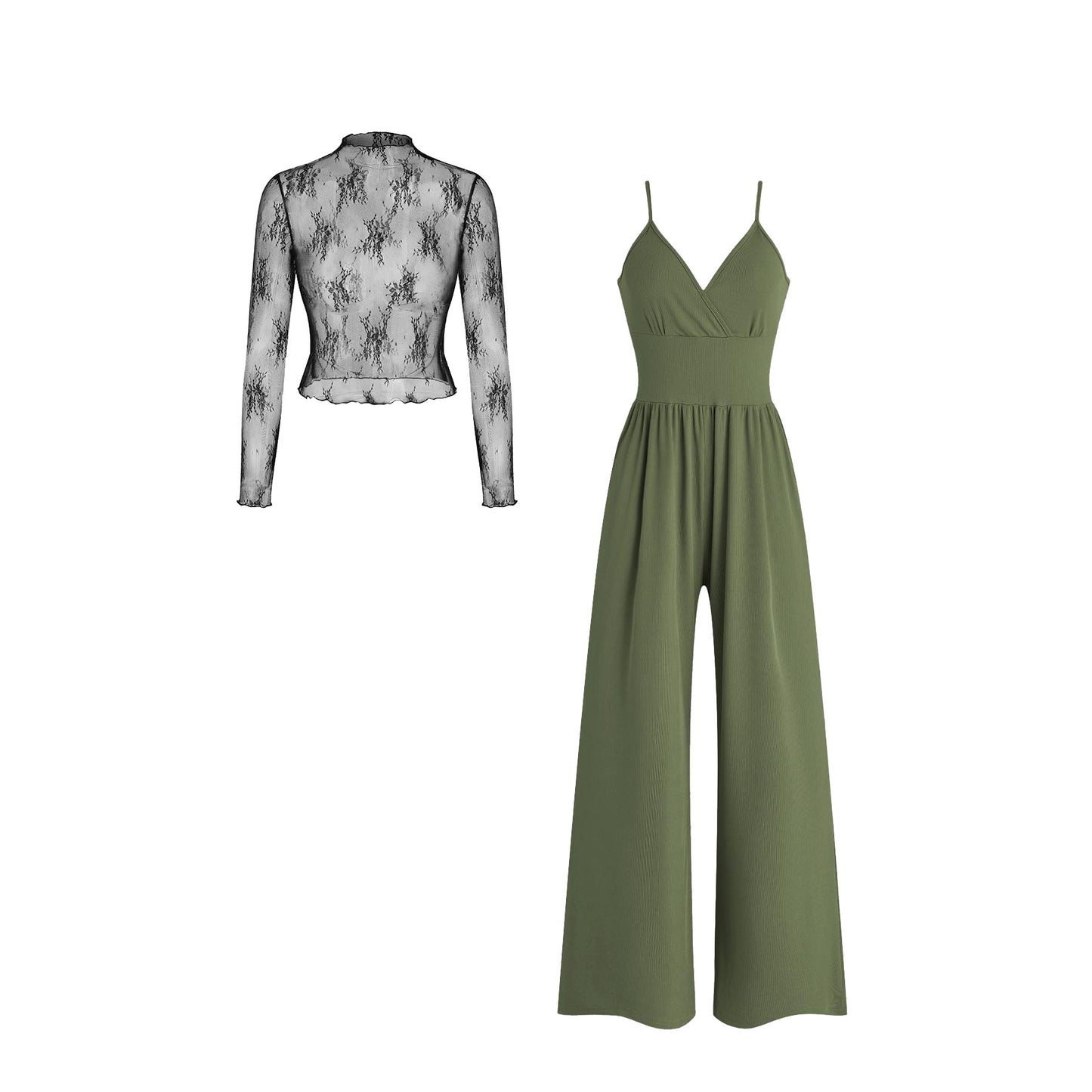 Lace Long Sleeve Sling Slim Fit Bodysuit V-neck Wide Leg Suit