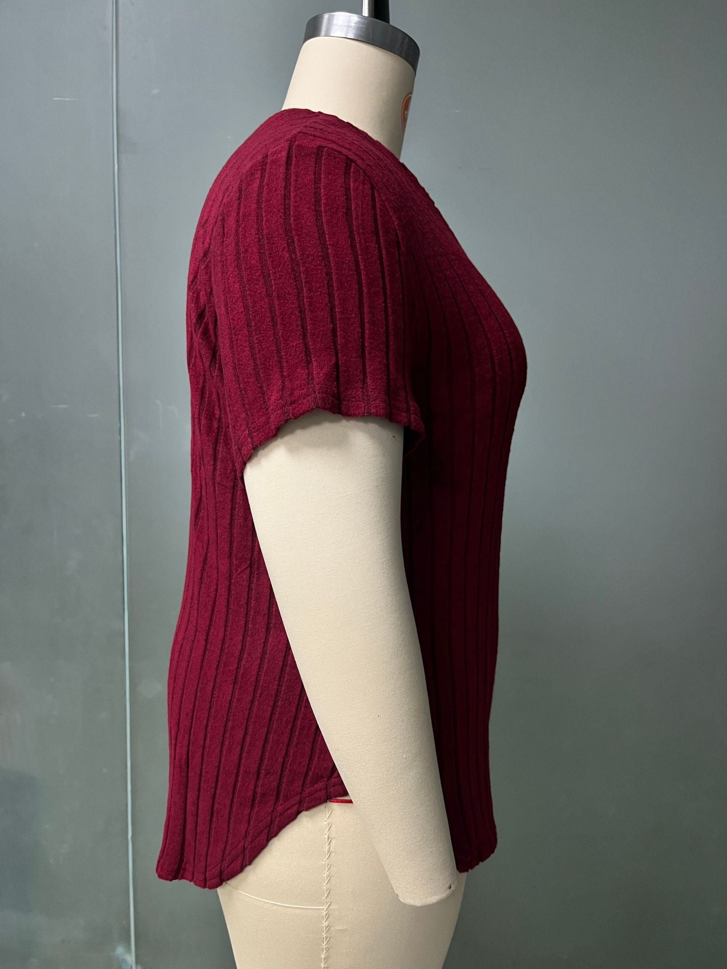 Solid Color Plus Size Women's Clothes Top V-neck Sunken Stripe Short Sleeve T-shirt