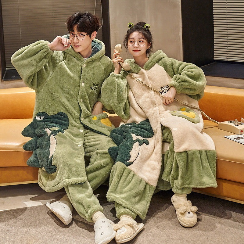 Women's Nightgown Autumn And Winter Long Flannel Thickened Couple Plus Size Loose Bathrobe Coral Fleece