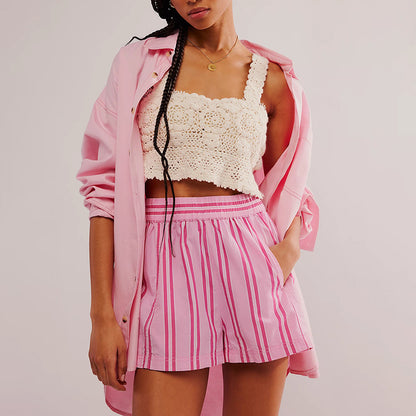 Striped Casual Elastic Pocket Beach Shorts For Women
