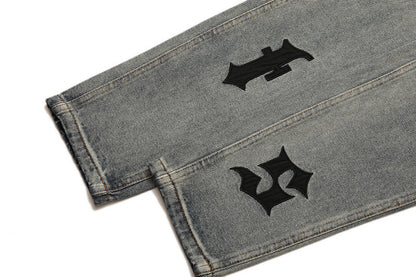 Vintage Jeans Men's Letter Patch Leather Embroidery