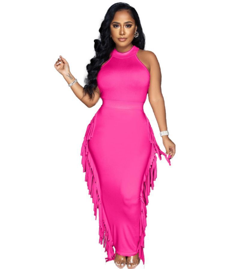 Halter Solid Color Tassel Dress Two-piece Set