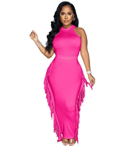 Halter Solid Color Tassel Dress Two-piece Set