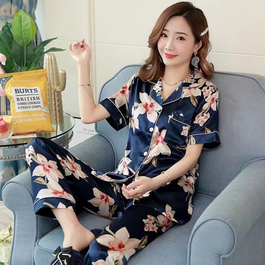 Imitated Silk Pajamas Printed Short-sleeved Trousers Home Wear Two-piece Suit