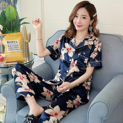 Imitated Silk Pajamas Printed Short-sleeved Trousers Home Wear Two-piece Suit