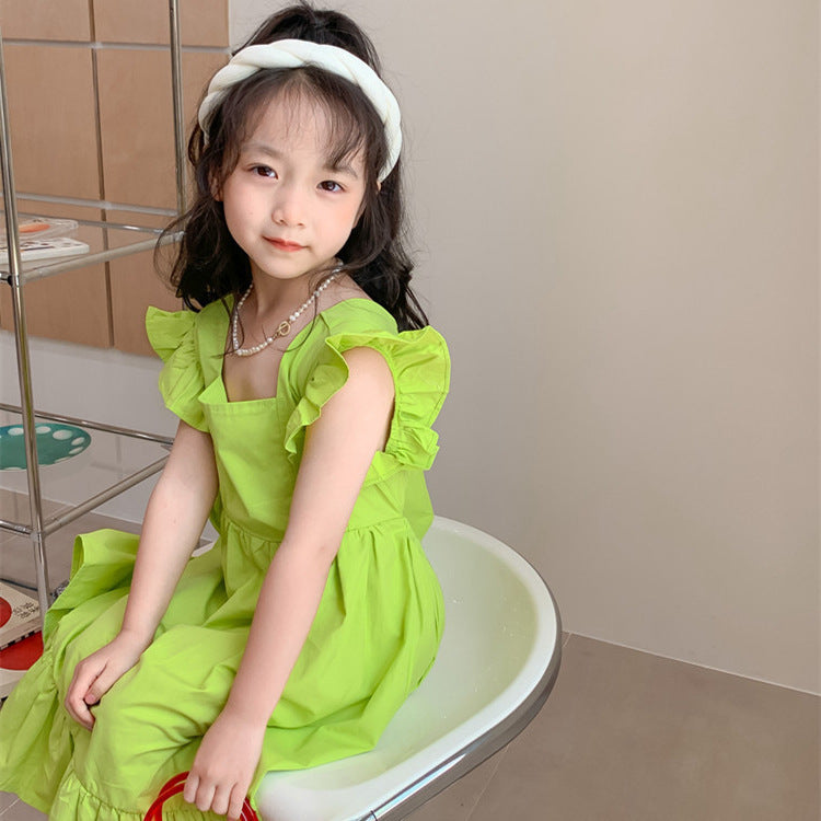 Girls Backless Bow Dress Flounced Sleeve Ruffles