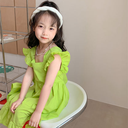 Girls Backless Bow Dress Flounced Sleeve Ruffles
