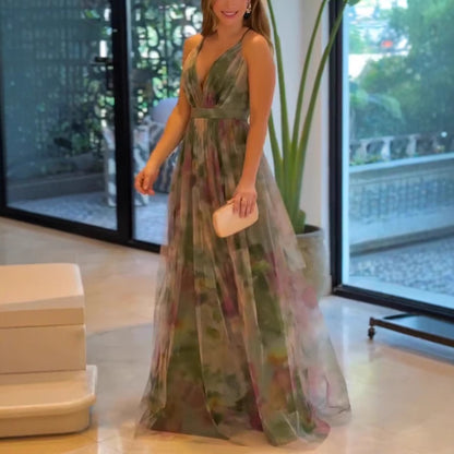 Women's Mesh Floral Print Suspender Dress