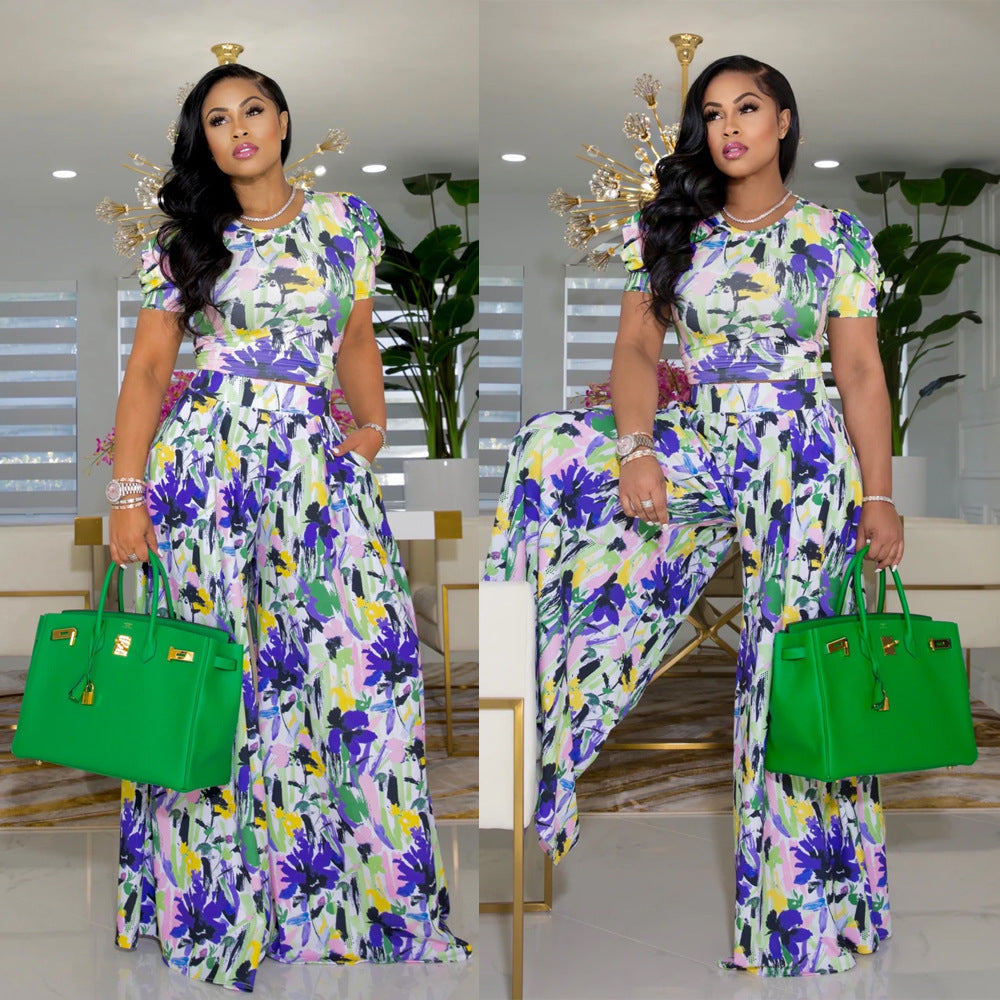 Casual Print Crew Neck Puff Sleeve Two-Piece Wide Leg Pants