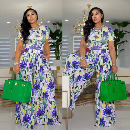 Casual Print Crew Neck Puff Sleeve Two-Piece Wide Leg Pants