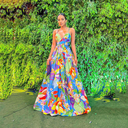 New Printed Multi-color Off-shoulder Sling Dress