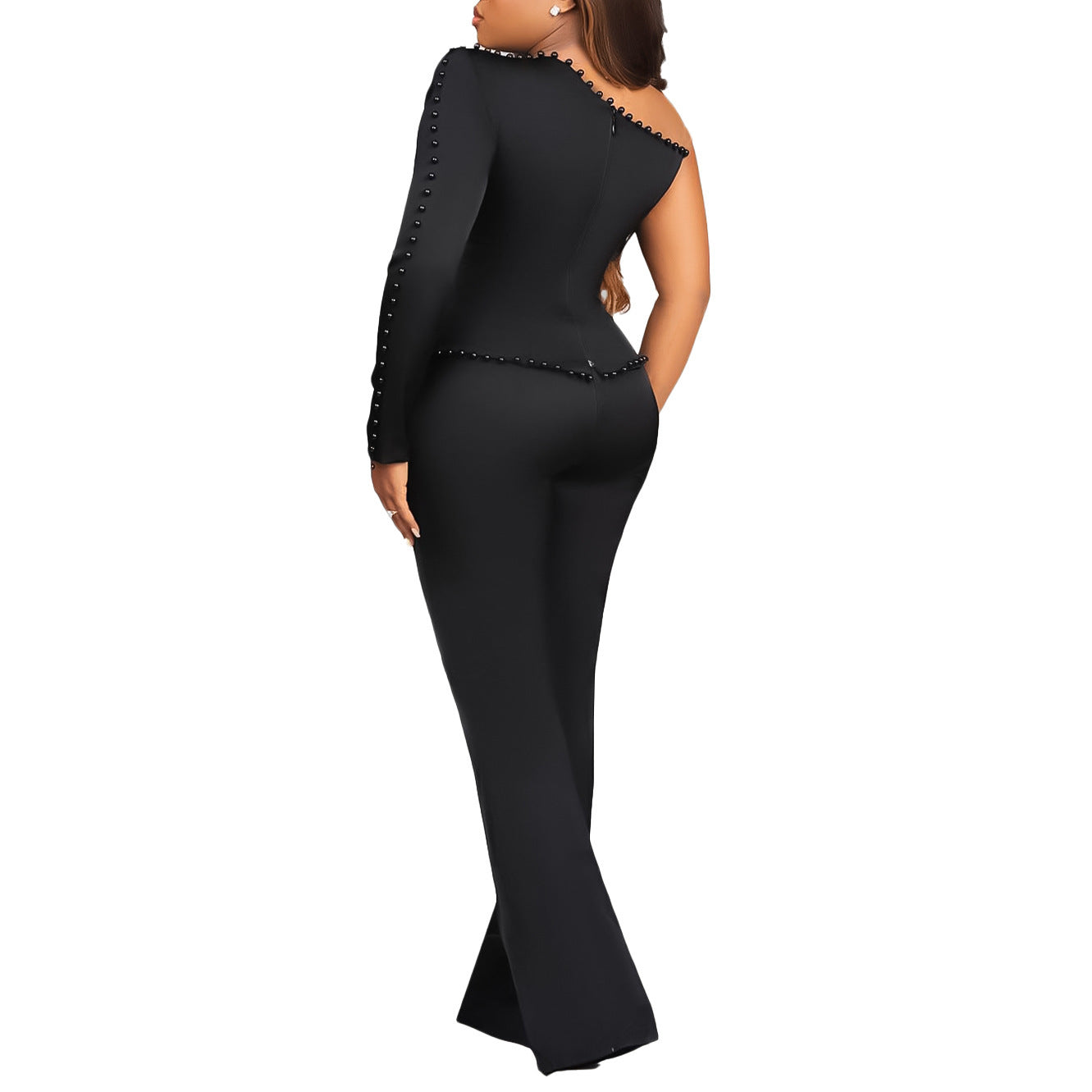 Women's Fashion Temperament Diagonal Shoulder Beaded Ol Two-piece Set