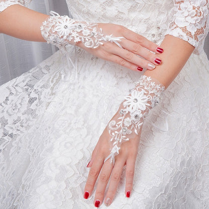 Lace Short Diamond Decorations White Hook Gloves