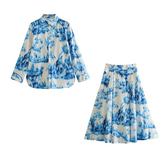 Lapel Loose Printed Poplin Shirt Printed High Waist Skirt