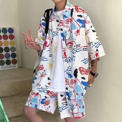 Fashion Ice Silk Short Sleeve Flower Shirt Suit For Men