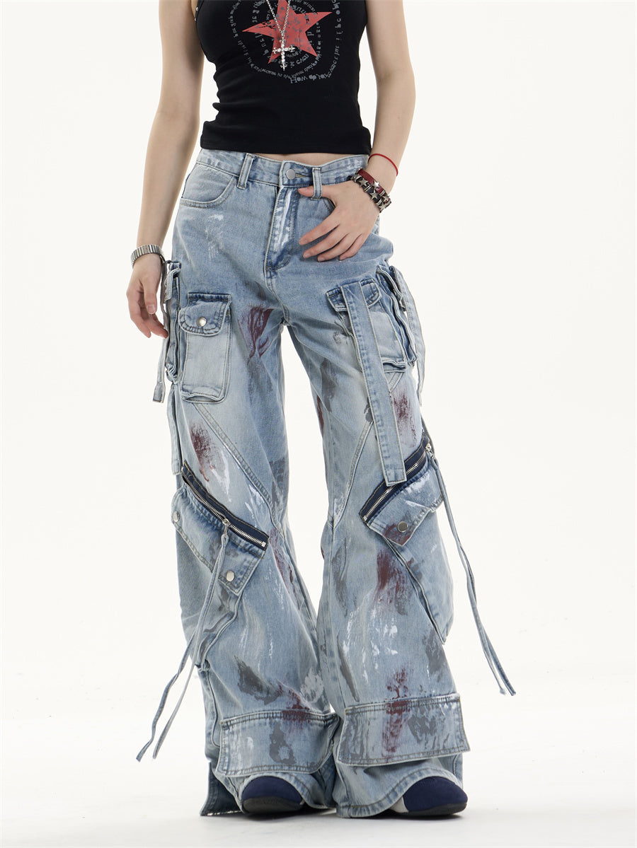 Multi-Pocket Workwear Jeans Women's Loose Wide-leg Pants