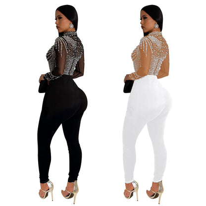 Fashion Pure Color Mesh Rhinestone Long-sleeved Trousers Jumpsuit