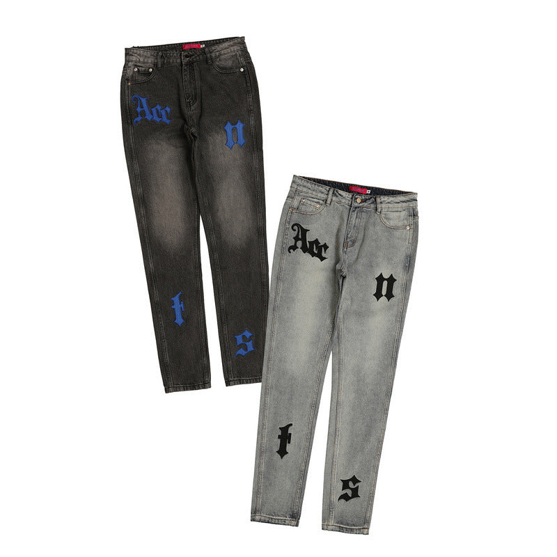 Vintage Jeans Men's Letter Patch Leather Embroidery