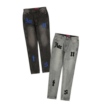 Vintage Jeans Men's Letter Patch Leather Embroidery