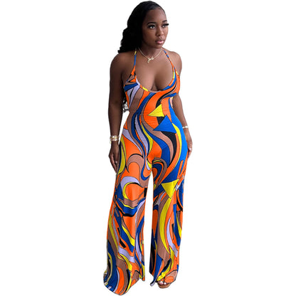Sleeveless Casual Print Halter Strap Backless Fitted Jumpsuit