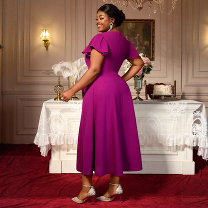 Women's Round Neck Short Sleeve Ruffled Long Pleated Dress