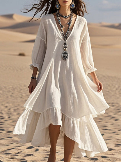 Cotton And Linen Solid Color Long Sleeve V-neck Dress