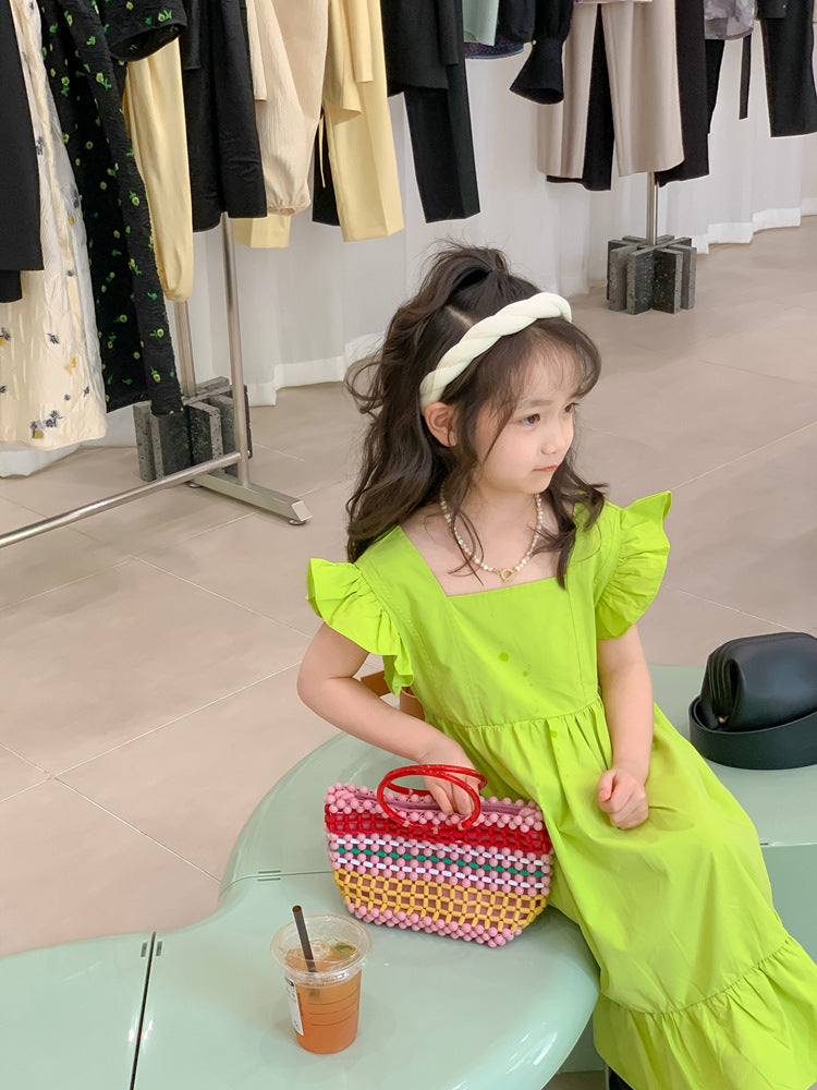 Girls Backless Bow Dress Flounced Sleeve Ruffles