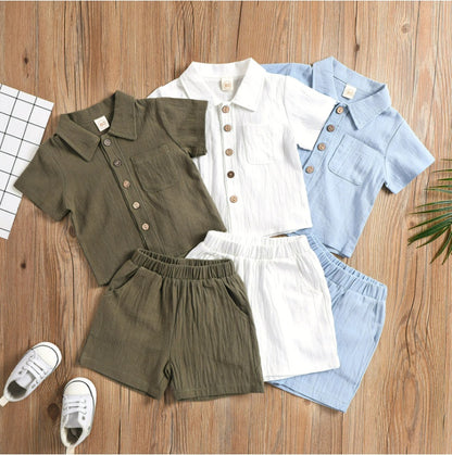 Cotton And Linen Short-sleeved Lapel Polo Shirt Solid Color Boys' Two-piece Suit