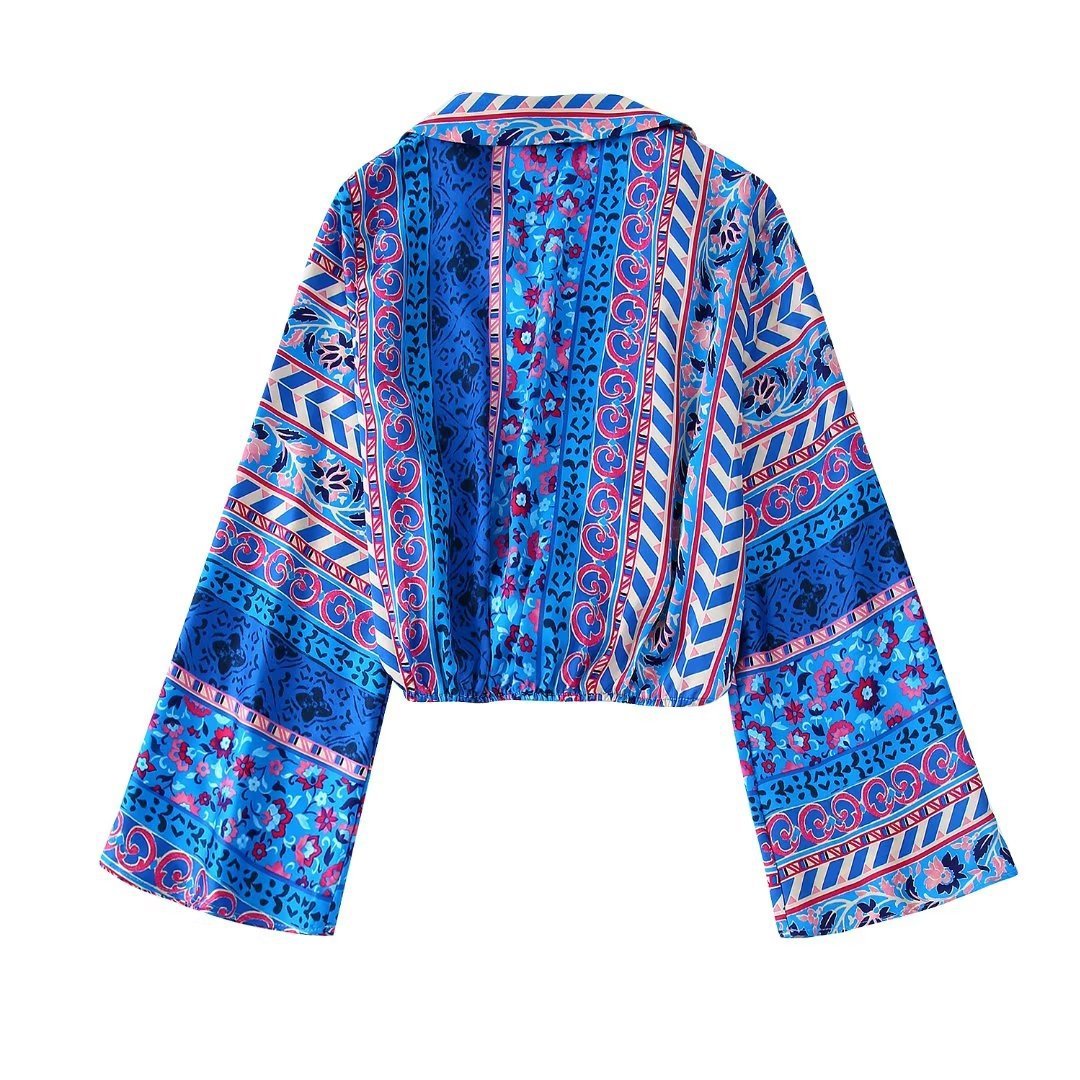 Satin Texture Pleated Loose Printed Shirt Wide Leg Pants Women