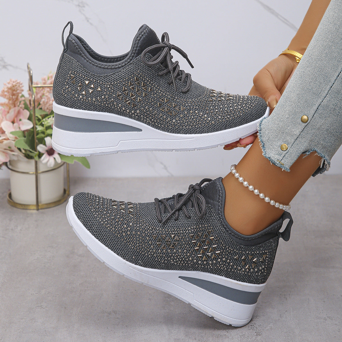Ins Rhinestone Sneakers Fashion Lace Up Wedges Casual Shoes Women's Daily Commuting Sports Shoes