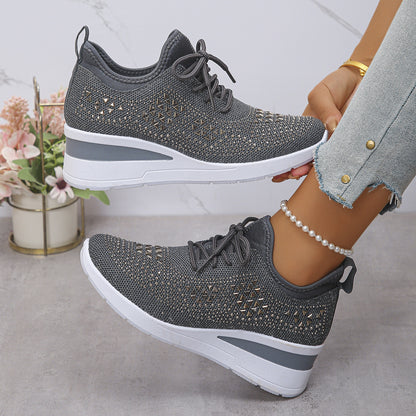 Ins Rhinestone Sneakers Fashion Lace Up Wedges Casual Shoes Women's Daily Commuting Sports Shoes